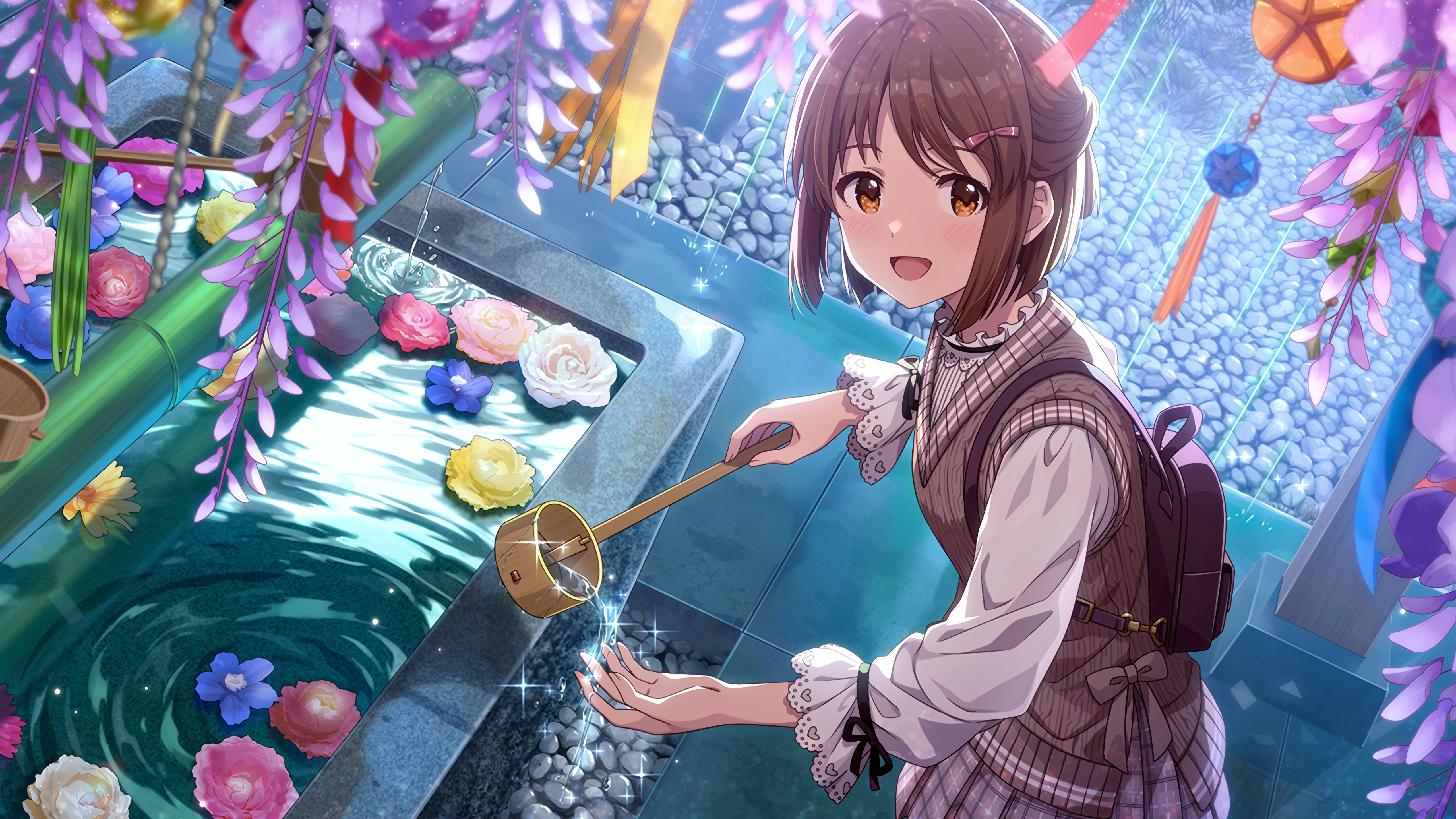 雨に喜ぶ花手水 萩原雪歩