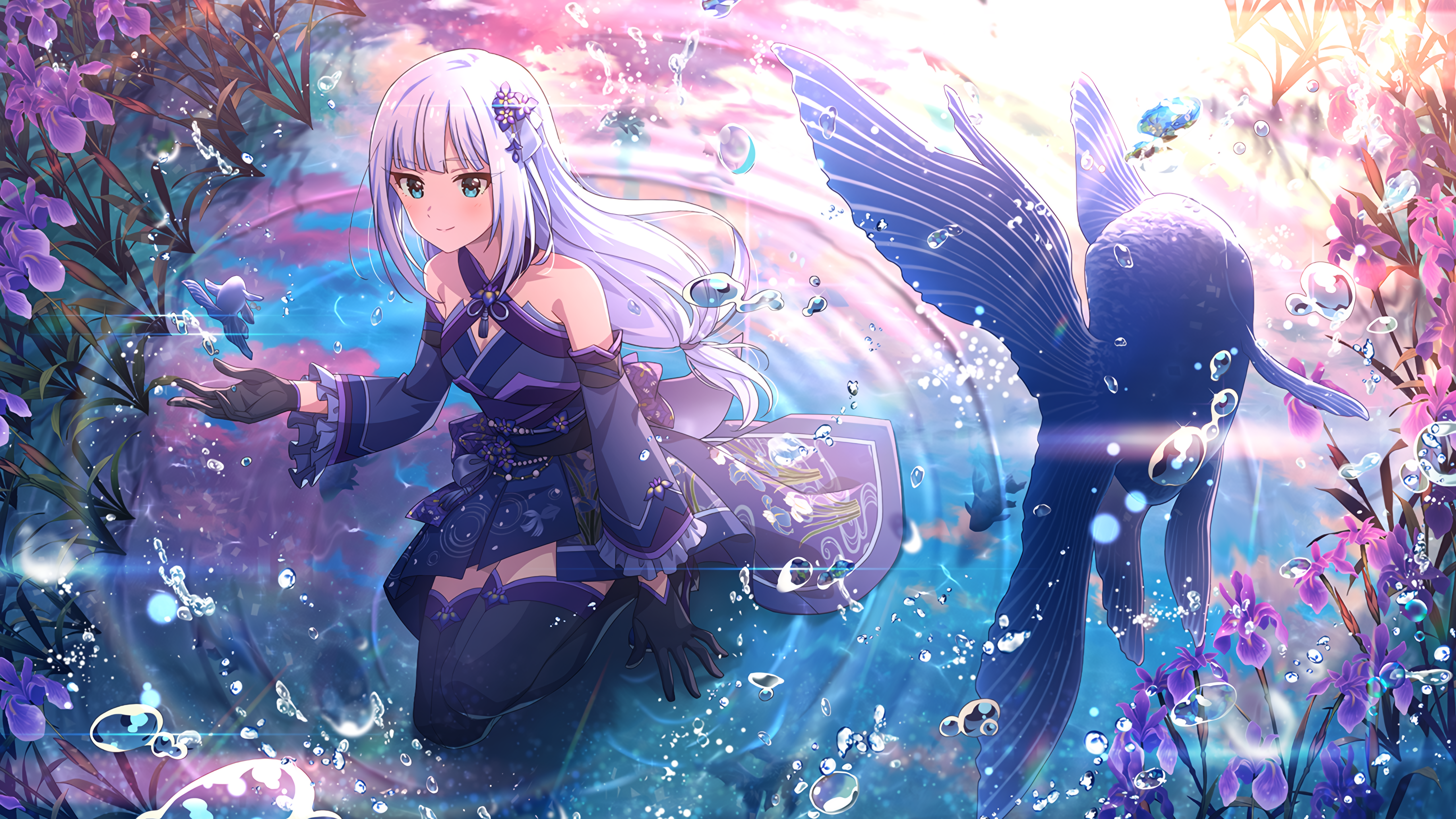 瑠璃色金魚と花菖蒲 白石紬